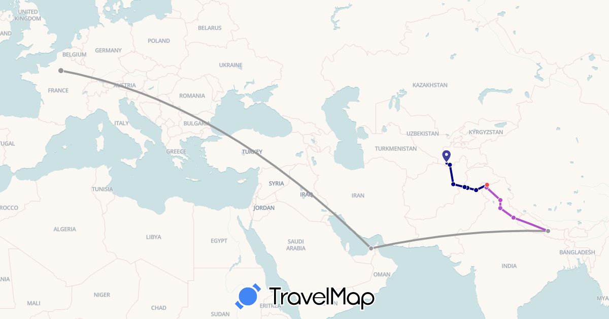 TravelMap itinerary: driving, plane, train, hiking in United Arab Emirates, Afghanistan, France, India, Nepal, Pakistan, Tajikistan (Asia, Europe)